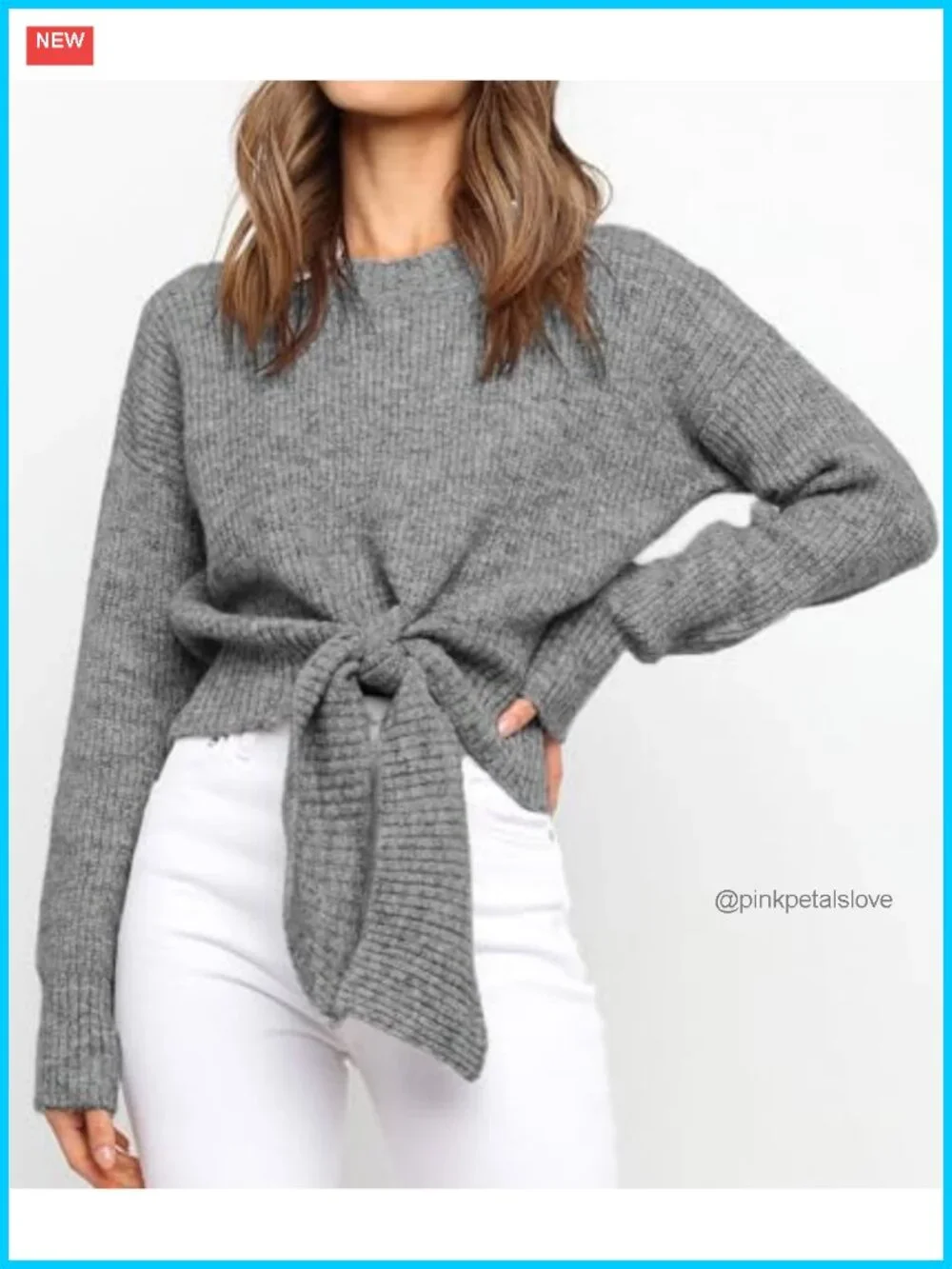 Women's Chunky Cable Knit Crop Sweater Tie Front Crew Neck Pullover